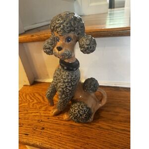 Vintage Handpainted Gray Poodle Statue Collar Blue eyes Ceramic‎ 80s Grandma Dog